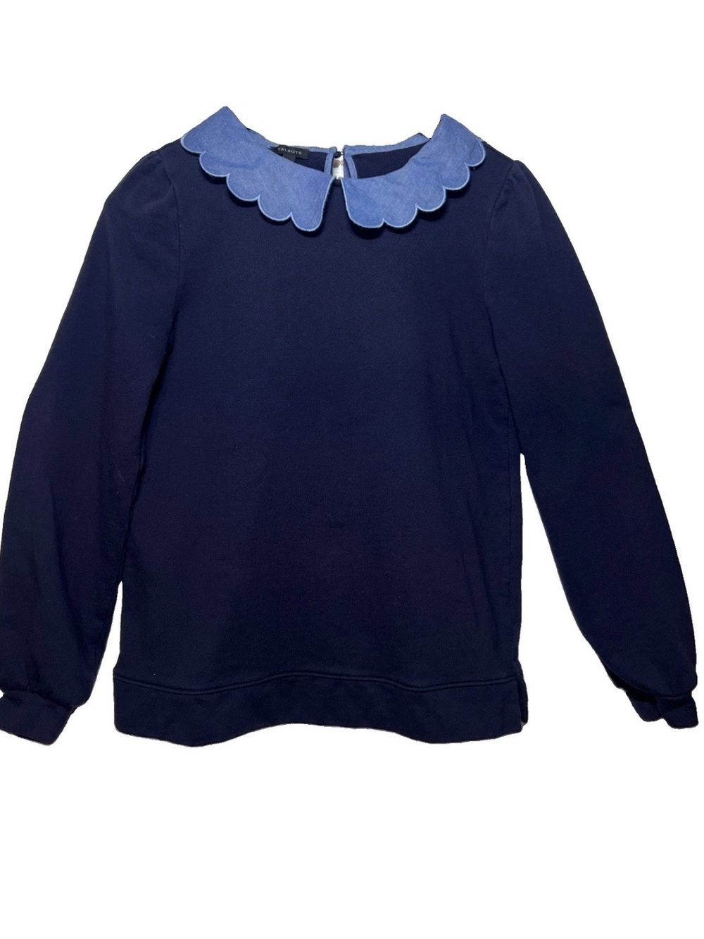 Talbots Girls Navy Sweatshirt with Scalloped Light Blue Collar - Picture 1 of 7